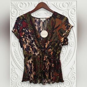 Chenault Women's Floral Plissé Surplice Top - Boho Faux Wrap Blouse - Size M